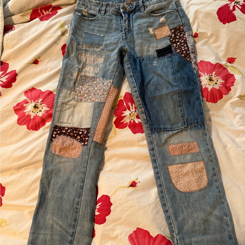Blank NYC Patchwork Straight Leg Jeans - Blue and Pink